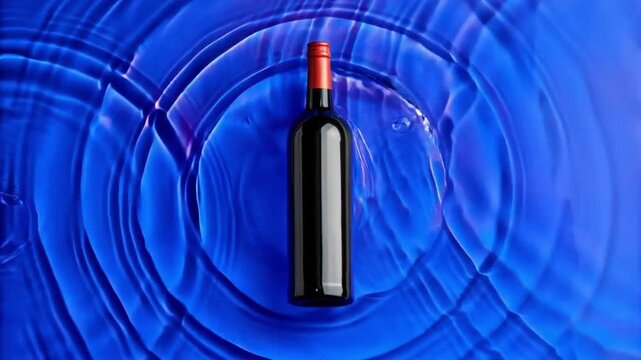 an unlabeled bottle of wine lies in the water and circles apart