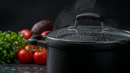 Steaming pot with fresh ingredients on dark background, culinary delights