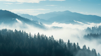Obraz premium Misty mountain forest landscape with layered ridges and morning fog creating a serene and picturesque scene.