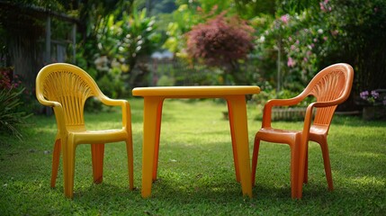 Obraz premium Colorful yellow and orange plastic chairs surround a table in a vibrant garden atmosphere.
