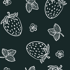 Seamless hand-drawn pattern with strawberries, leaves, and flowers in white outline on deep black-green background. Perfect for packaging, fabric, and stationery.