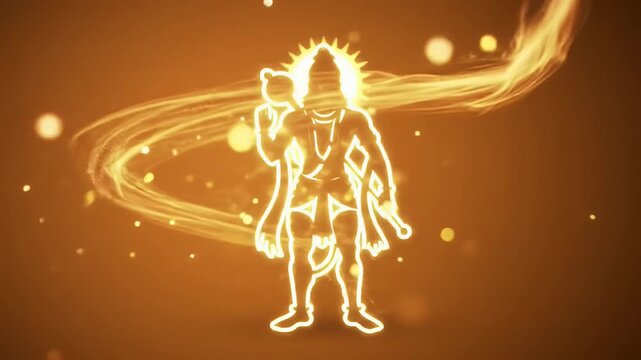 Minimalist glowing silhouette of Lord Hanuman holding his divine gada (mace), swirling light trails and golden particles around