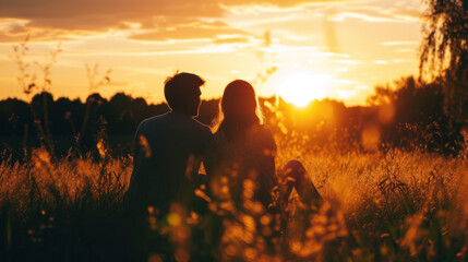 Fototapeta premium Couple watching the sunset together in a field, enjoying the golden hour and the beautiful scenery.