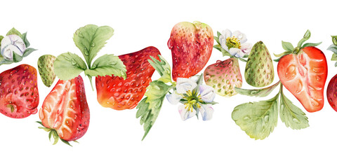 Strawberry ripe garden berries, flowers in water dew drops. Seamless isolated banner garland hand drawn in watercolor. Home preserves, textile washi tape, food store decor, recipe book, dessert menu