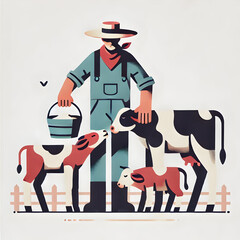 Minimalist flat illustration of a farmhand milking a cow, highlighting tradition, craftsmanship, and the farm-to-table process on a white background.