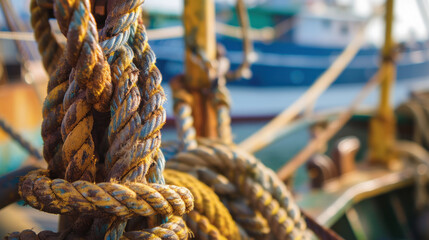 Weathered ropes knotted tightly on a vintage boat. Textural and visually compelling, full of character