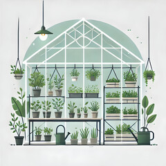 Minimalist flat illustration of a greenhouse full of fresh herbs and plants, highlighting the importance of sustainable plant growth with a white background.
