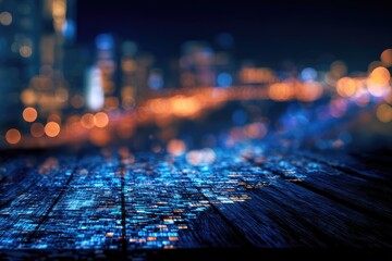 City lights on a dark wooden surface