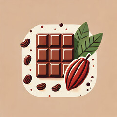 A flat design illustration of a chocolate bar and cocoa beans placed next to it, highlighting the relationship between raw cacao and the final product, with minimal elements.