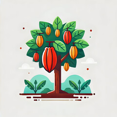 A flat design illustration of a cocoa tree with vibrant cacao pods hanging, showcasing the source of chocolate in a minimalist style with a white background for contrast.