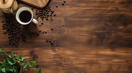 Overhead shot of coffee cup, beans, jar, and greenery on a rustic wooden surface; inviting and warm.