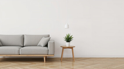 Modern living room interior with gray sofa, plant, and hanging lamp