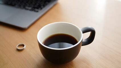 Coffee cup laptop ring on desk morning work from home office lifestyle caffeine boost