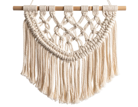 Hanging macramé wall art with bohemian design, isolated on a transparent background