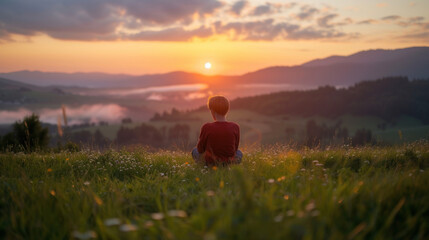 Fototapeta premium Contemplative figure sits on a grassy hill, gazing at a serene, cloud-filled mountain vista at sunset.