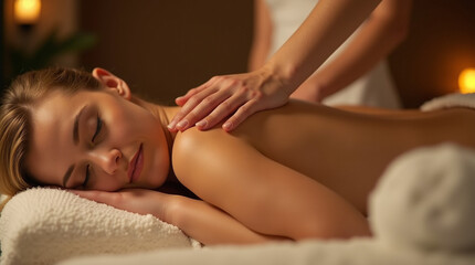 Obraz premium Young woman enjoying a relaxing back massage in a luxury spa.