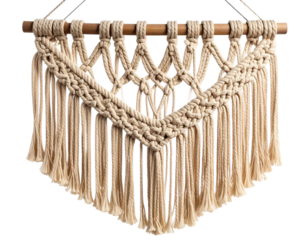 Hanging macramé wall art with bohemian design, isolated on a transparent background
