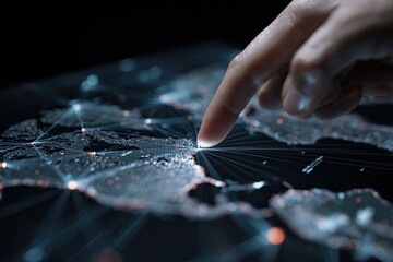 Finger touches a global network map on a digital screen