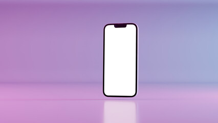 Floating smartphone with blank white screen on a purple gradient background