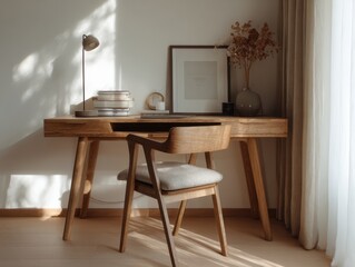 A wooden desk with a chair and a lamp. A framed picture is on the desk. A vase with flowers is on the desk