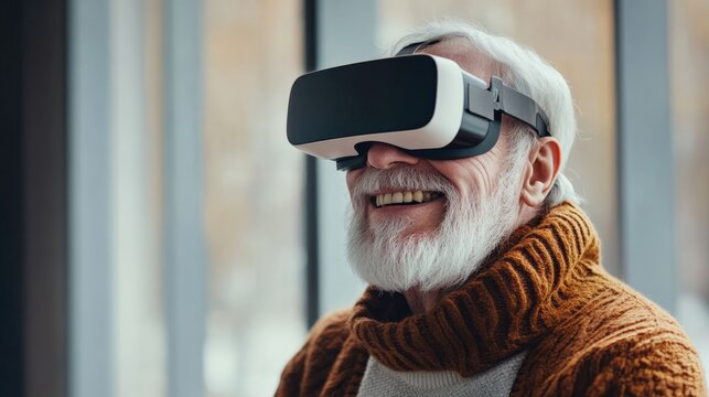 Excited mature senior man wearing using virtual reality metaverse VR glasses headset at home. Grandfather touching air during VR experience on virtual reality helmet. Simulation hi-tech videogame