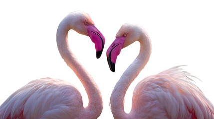 Obraz premium Two elegant flamingos forming a heart shape with their necks isolated on transparent background