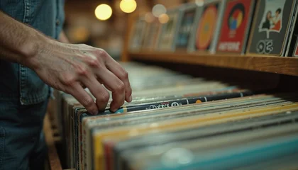 Fototapete Musikladen Person carefully selecting vinyl record from packed collection in music store  © Daria