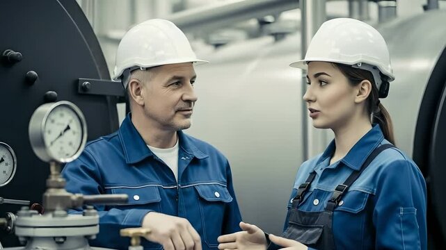 Industrial engineers inspecting pressure gauges, wearing hard hats and safety uniforms. Plant workers communicate about machine maintenance, manufacturing, collaboration and teamwork.