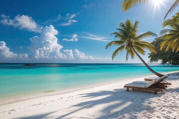 Naklejka premium Tranquil Beach with Soft White Sand and Turquoise Waters Beneath a Clear Blue Sky