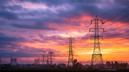 Majestic Sunset Over Electrical Transmission Towers Silhouetted in a Vibrant Sky with Colorful Clouds and Fields in the Background .