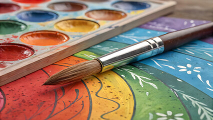 Obraz premium Watercolor Brush and Palette: A vibrant and inviting scene featuring a detailed watercolor brush poised over a colorful painting.