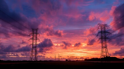 Fototapeta premium Majestic Sunset Over Electrical Transmission Towers Silhouetted in a Vibrant Sky with Colorful Clouds and Fields in the Background .