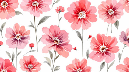 Seamless pattern with red flowers, watercolor background pattern flowers on white background