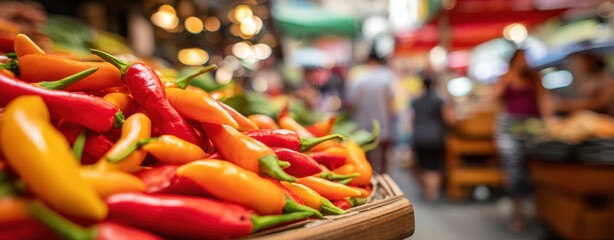 The vibrant display of fresh peppers at a bustling market scene.