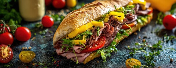 The delicious gourmet sandwich overflowing with fresh ingredients and savory meats