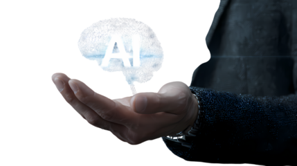 Human hand presenting a glowing digital brain with ai text illuminated inside isolated on transparent background