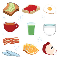 Delicious Breakfast Food And Drink Set Collection Illustrations Of Toast Avocado Coffee Milk Bacon Apple Orange And Juice