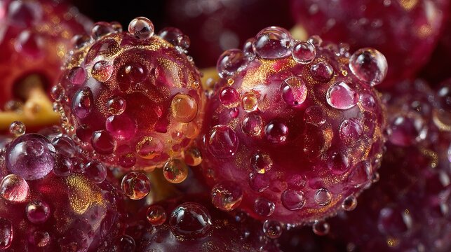 Stunning macro shot of glistening red grapes covered in sparkling water droplets, a fresh juicy harvest.