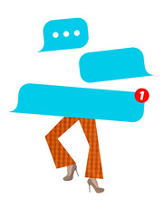 Surreal collage of walking legs under copy space chat bubbles with notification dot symbolizing new...