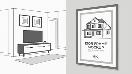 Isometric room interior design with frame mockup and tv stand for home decor and living space design