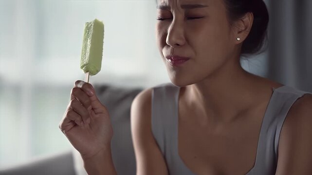 Young woman grimacing from a sudden brain freeze while enjoying a cold green ice cream bar at home.