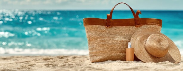 The stylish beach bag with accessories on a serene ocean backdrop.