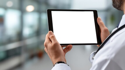 Male doctor physician medical worker holding digital tablet in hands looking at white blank empty mockup screen working in hospital. E health technology mock up concept. Over .