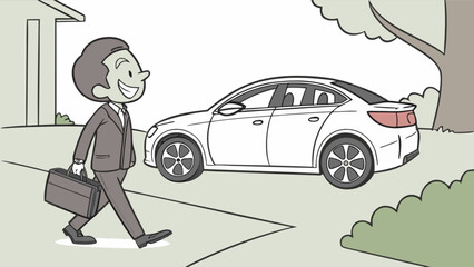 Cartoon businessman walking to car with briefcase ready for work commute or business trip illustration