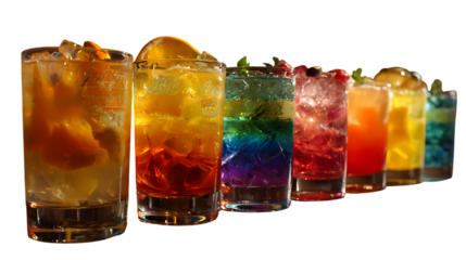 Vibrant rainbow colored cocktails lined up with ice cubes and garnishes isolated on transparent background