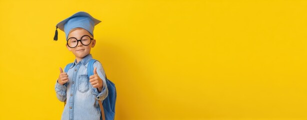 The joyful graduate proudly showing thumbs-up with a blue graduation cap.
