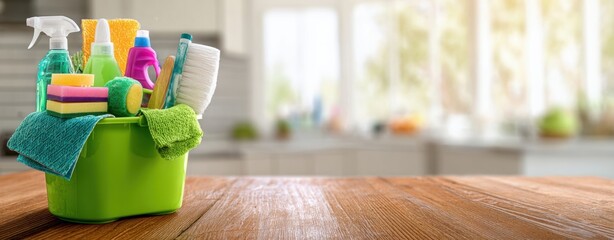 The colorful cleaning supplies in a green bucket ready for use.