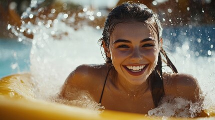 Obraz premium young pretty woman on the inflatable ring having fun on the orange water slide in the aqua park. Summer Vacation. Weekend on resort