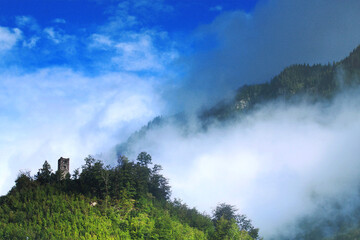 Aerial view over the city of Interlaken in Switzerland. Beautiful view of Interlaken town, Eiger, Monch and Jungfrau mountains and of Lake Thun and Brienz. Interlaken, Bernese Oberland, Switzerland