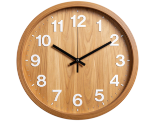 Hanging wooden wall clock with modern minimalist numbers, isolated on a transparent background